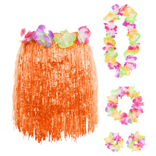 HAWAIIAN SET FANCY DRESS COSTUME KIT COLOURED 40CM SHORT HULA SKIRT + FLOWER LEI NECKLACE + PAIR OF FLOWER BRACELETS + FLOWER HEADBAND 5 PIECE HAWAII GRASS SKIRT LUAU (ORANGE)