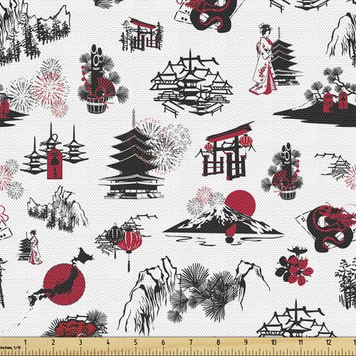 Ambesonne East Fabric by The Yard, Japanese Architecture Towers Palaces Houses Sketchy Silhouettes Dragon, Decorative Fabric for Upholstery and Home Accents, 3 Yards, Coral White