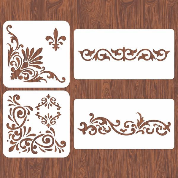 INFUNLY 4 Pieces Corner Stencils for Painting Flowers Square Borders Wall Stencil Large Pattern Tile Stencil Reusable Furniture Decoration on Wood Canvas Paper Fabric
