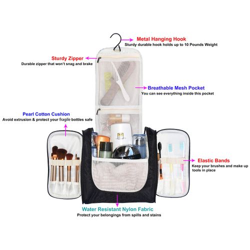 Hanging Toiletry Bag Extra Large Capacity | Premium Travel Organizer Bags For Men And Women | Durable Waterproof Nylon Bathroom, Shower, Makeup Bag For Toiletries, Cosmetics, Shampoo (Black)