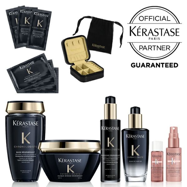 Limited edition Chronologist Premium 4-piece set KERASTASE Bain Chrono 250ml / Masque Chrono 200ml Chronologiste Thermique 150ml / Huile Chrono 100ml / Bain and Mask sachets (3 of each) CA Soin Chroma 15ml / CA Serum Chroma 45ml Jewelry box