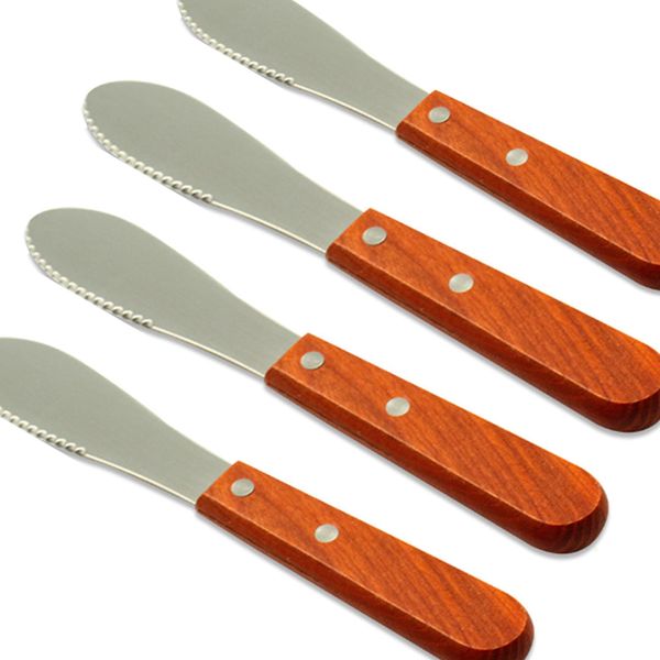 MINGZE 4pcs Stainless Steel Straight Edge Wide Butter Spreader, Deluxe Sandwich Cream Cheese Condiment Knives Set Kitchen Tools, Wood Handle, 21 * 3 * 1cm