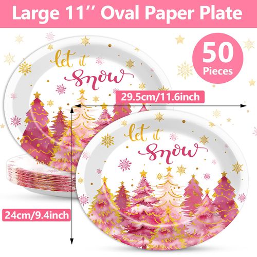 OBUSATT 50PCS Christmas Winter Paper Plates Winter Let It Snow Oval Paper Plates Pink Xmas Tree Gold Snowflake Disposable Tableware Supplies Dinnerware Set for Holiday Party Decorations