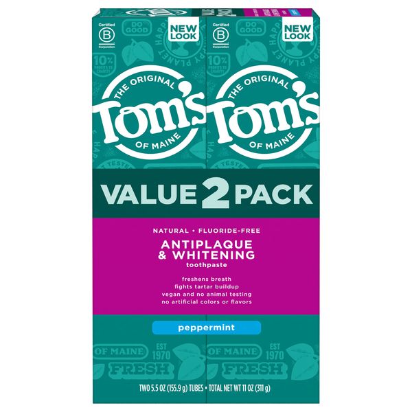 Tom's of Maine Fluoride-Free Antiplaque & Whitening Natural Toothpaste, Peppermint, 5.5 Ounce 2-Pack (Packaging May Vary)