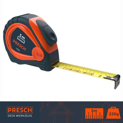 Presch Tape Measure 5m - Robust Professional Measuring Tape 5m with Stable Metal Belt Clamp, Metric Only and Retractable Measurement Tape