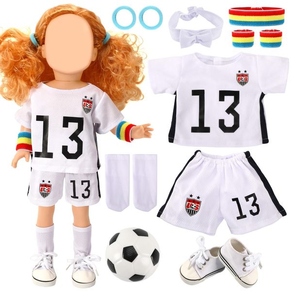 UPINS 18 Inch Girl Doll Clothes Accessories Team USA 8 Piece Soccer Uniform Clothing Includes Headband, Hair Bands, Bracers, Shirt, Shorts, Socks, Shoes and Football Fits for Children's Day