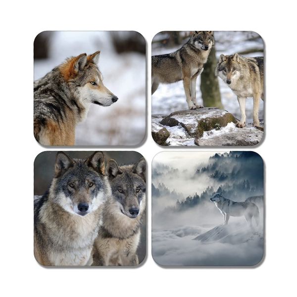 4 x Square Wolf Coasters - Wolves Pack Animal Wild Winter Set Theme Gift #78367