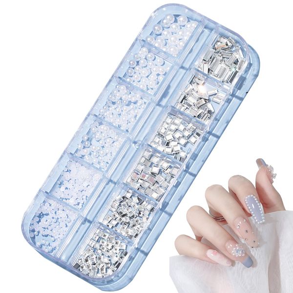 Rhinestone Nail Square Clear Nail Stone Pearl Nail Parts Deco 3D Glass Stone Nail Art Large Capacity (Square Rhinestone & White Pearl)