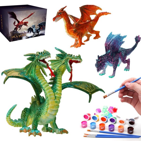 SOLDAY Dragon Toys Painting Kits for Kids Arts and Crafts Ages 3 6 5 7 9 12 Boys Girls to Paint Your Own Paintable Figurines Birthday Party Supplies - Twin Head Dragon