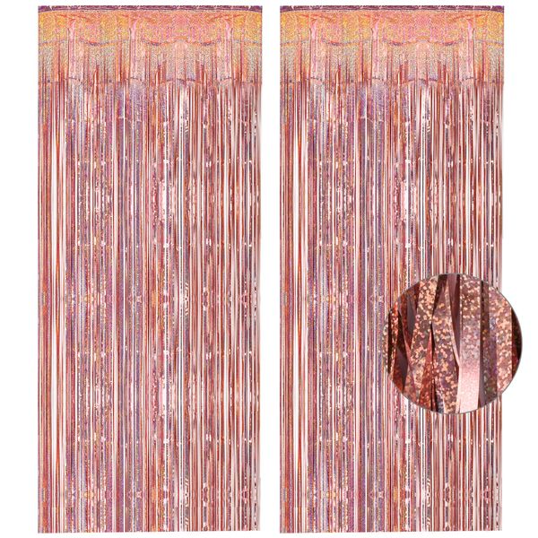 Rose Gold Tinsel Curtain Party Backdrop - GREATRIL Foil Fringe Curtain Streamers for Bachelorette Party Decorations Bride Be Girls Party Streamers 2 Packs (Rose Gold)