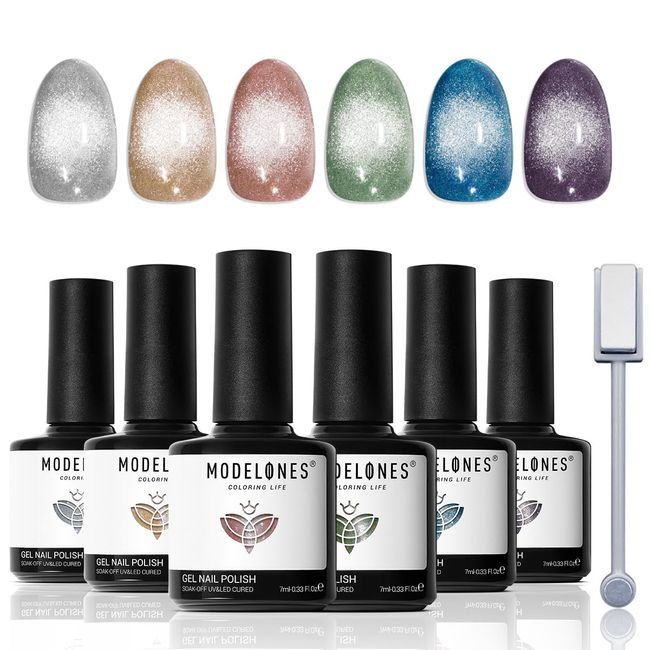 Modelones Magnetic Nail Gel, Colored Gel, Cat’s Eye Gel, UV/LED Compatible, with Magnet, 6 Colors x 0.2 fl oz (7 ml)