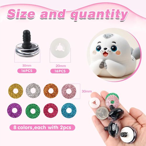 TOAOB 16 Set Glitter Safety Eyes for Amigurumis 30mm Round Crochet Eyes with Washers 8 Colors Doll Eyes for DIY Puppet Bear Stuffed Animals Making