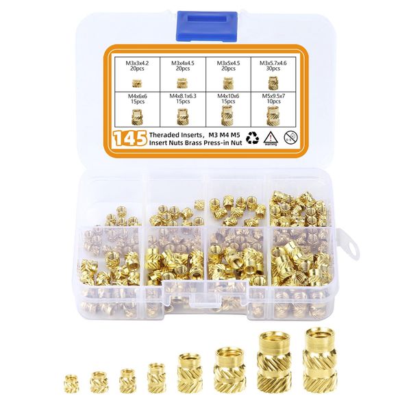 145Pcs 3D Printing Brass Nuts, M3 M4 M5 Female Thread Knurled Nuts, Brass Threaded Insert Embedment Nuts Threaded Inserts for Plastic 3D Printing Injection Molding