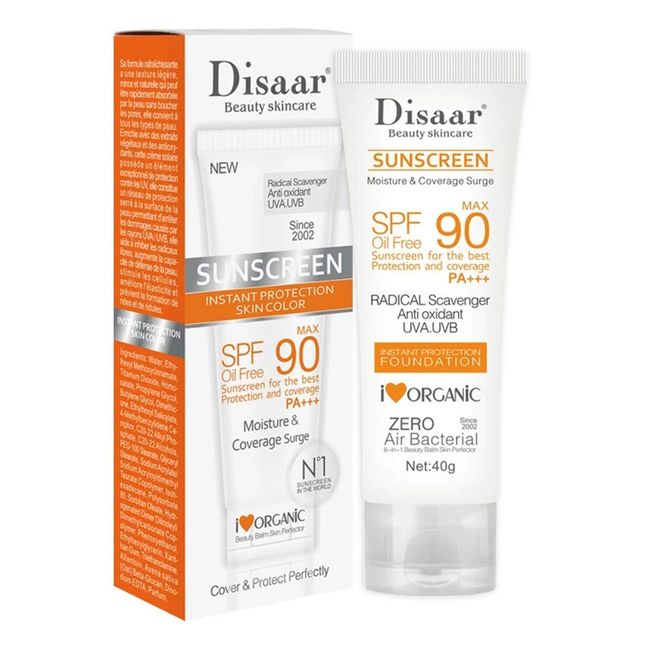 DISAAR BEAUTY SPF 90 Sunscreen Instant Protection UVA UVB Foundation PA+++ Oil Free Sunblock Cover Protect Perfectly Moisturizing Coverage Surge 40g