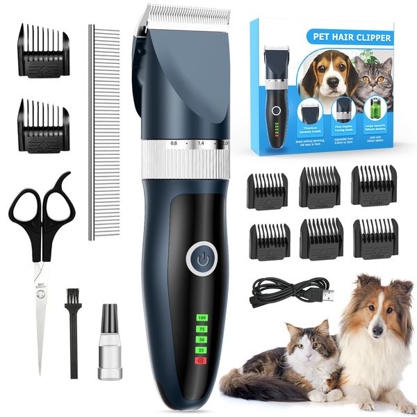 ETROBOT Dog Clippers, Dog Grooming Kit Clippers, Rechargeable Cordless Pet Clippers LED Display, Low Noise Electric Pet Clippers Professional for Thick Hair with 8 Combs for Dogs Cats