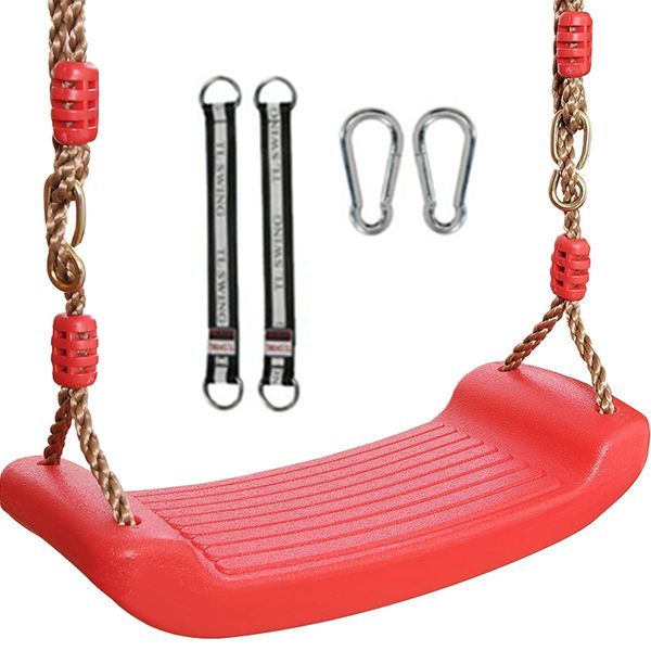 Plastic Swing Seat,Kids Swing Seat with 6.6ft Adjustable Rope and 2 Carabiners,Red Swings for Backyard Playground Indoor Outdoor