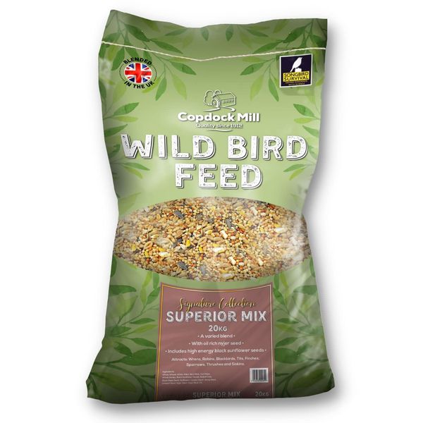 Copdock Mill Wild Bird Seed Superior Mix 20kg - All Year-Round Bird Seeds for Small Garden Birds - 100% Natural Nutritional Feed with Black Sunflower and Nyjer Seeds