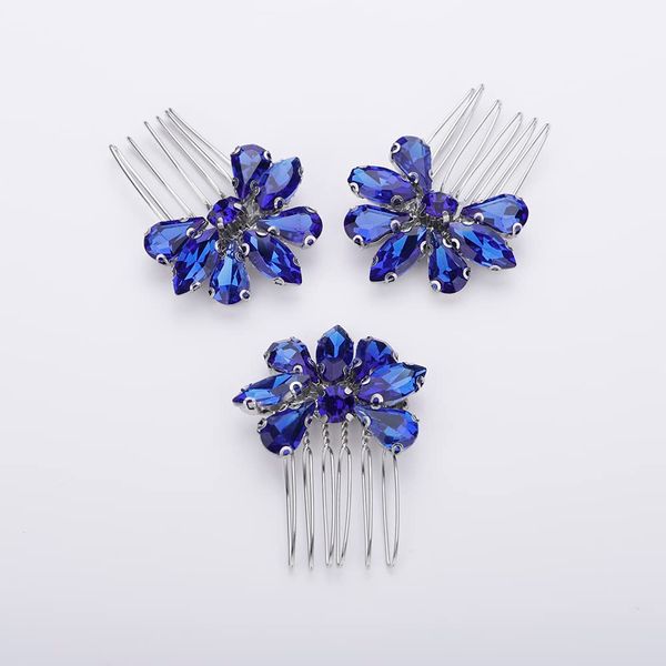 Teyglen Simple Rhinestones Crystal Bride Wedding Hair Comb Set Handmade Red Blue Black Crystal Side Hair Combs Bridal Hair Jewelry Set for Women Bride Girls (Blue)