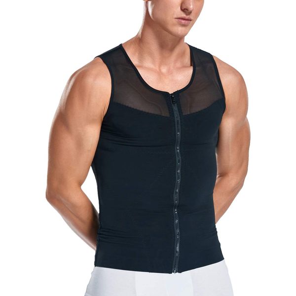 Mens Slimming Body Shaper Zipper Gynecomastia Vest Tank Top Compression Undershirt B/M