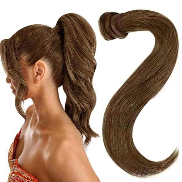 Easyouth Real Hair Ponytail Extensions Human Hair Medium Brown Ponytail Hair Extensions Remy Brown Wrap Around Hair Extensions One Piece Ponytail Hair 18 Inch 80g