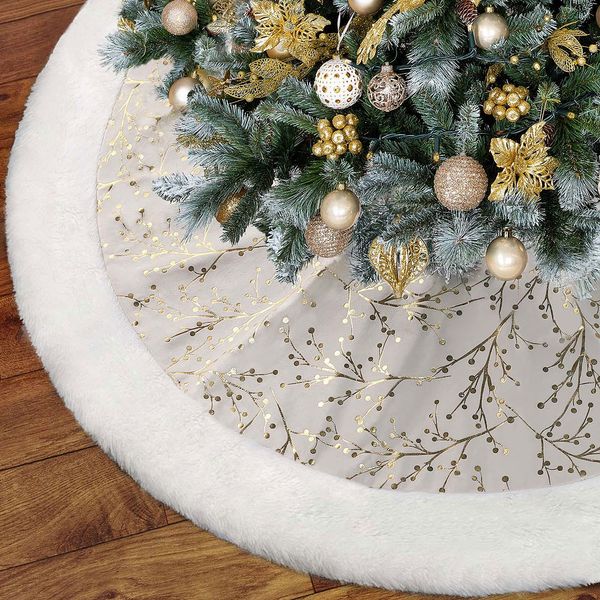 Christmas Tree Skirt, Gold White 36 Inch Faux Fur Plush Christmas Decorations Tree Base Mat Thick Velvet Rugs for Holiday Home Decor Party Xmas