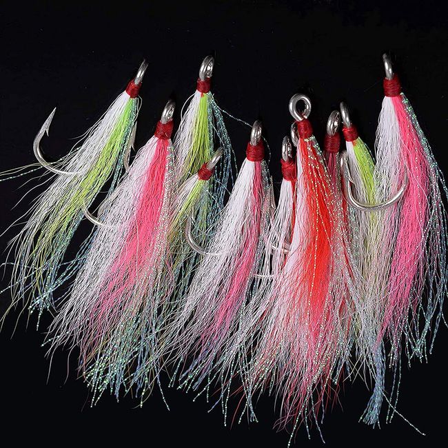 Bucktail Teasers Fishing Hook - Stainless Steel Hook and Crystal Flash Inserted for Catfish Cod Flounder and Fluke Saltwater Fishing Jig Three Colors 6/12pcs