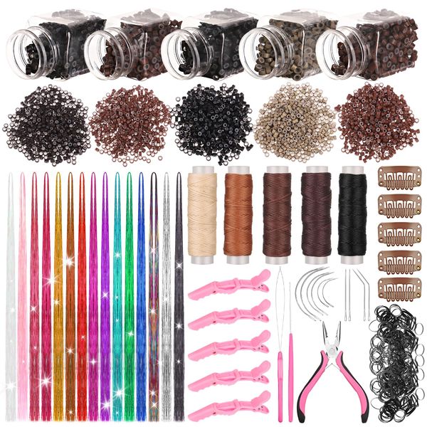 Youdaju 48 Pcs Hair Extension Tools Kit with Plier,Silicone,Lined Micro Rings,Sewing Thread,C/J/I Needle,Threader,Crochet Hook,Rubber Band,Clip Hair Tinsel Kit for Girl Women Sewing Wig DIY Craft