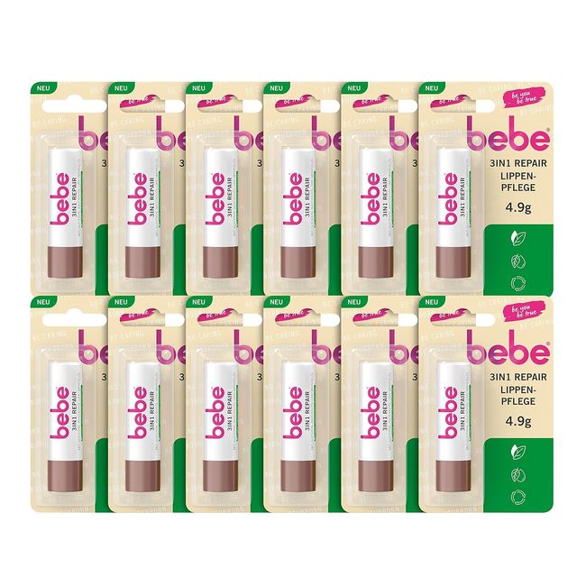 bebe 3in1 Repair Lippenpflege (12 x 4,9 g), Lippenpflegestift mit Glycerin, Avocadoöl & Mandelöl, repariert und beruhigt trockene & rissige Lippen, ohne Mineralöle