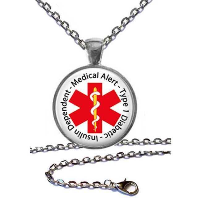 Type 1 Diabetic Insulin Dependent Medical Alert Necklace Glass Top Pendant Chain