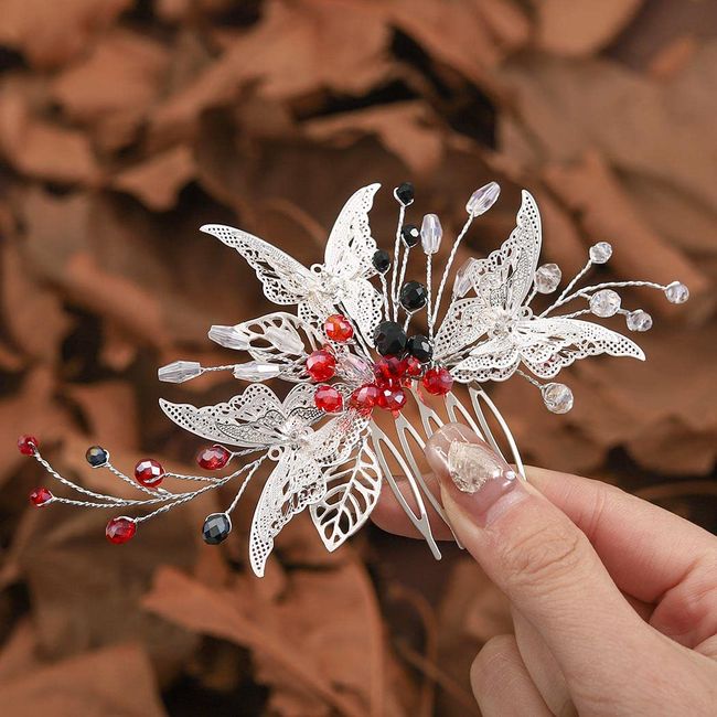 Edary Bride Wedding Hair Comb Silver Butterfly Headpiece Blak Bead Wedding Side Comb Leaf Bridal Hair Accessories for Women and Girls