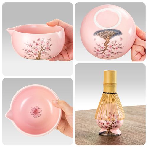 DELLAN Matcha Whisk Set, Cherry-Blossom Matcha Making Kit Includes Ceramic Matcha Bowl, Whisk and Holder, Bamboo Scoop, Scoop Rest, Sifter, Greeting Card and Tea Towel - 8 Pcs Matcha Set Pink