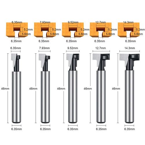 Flintronic Cutter Shank, 5-Piece Milling Cutter Set for Router, Milling Tool Set, Groove Cutter, 1/4 inch (6.35 mm), 5/16 inch (7.93 mm), 3/8 inch (9.52 mm), 1/2 inch (12.7 mm), 9/16 inch (14.3 mm), Cutter Router, T-Slot Cutter