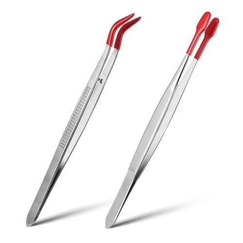 2Pcs Tweezers With Rubber Tips Silicone Tipped Tweezers Pvc Rubber Coated Tweezer Set Non Marring Tweezers Flat Tip Long Tweezer Stamp Coins Jewelry Crafts Industrial Electronic Tweezer Tools (Red)