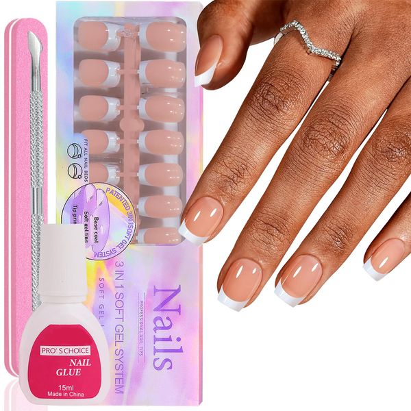 French False Nails Kit, 150Pcs 3 in 1 Soft Gel Short Square French Press On Nails for Extensions, Glossy False Nails With Glue Acrylic Fake Nails 15 Sizes White Tip Nail Nude Base (09)