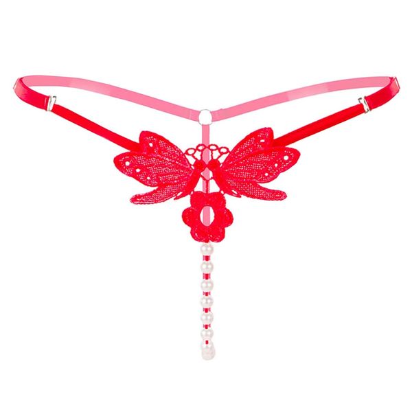 White Fang TT33 Women's Thong Underwear, String Pan, Pearl, Butterfly, Sexy Lingerie, 05: Red)