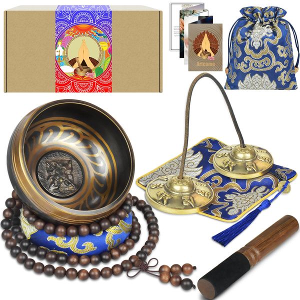 Artcome Tibetan Meditation Set - Singing Bowl and Tingsha Cymbals Handmade in Nepal for Meditation, Yoga, Rest, Relaxation, Chakra Healing, Stress Relief and Mindfulness