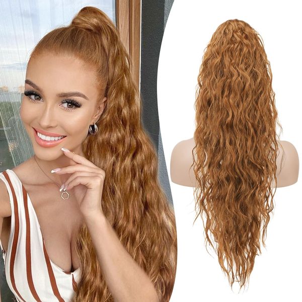 RUWISS Pferdeschwanz Verlängerung 65 cm Kordelzug Pferdeschwanz Verlängerung, Wellig Lockig Clip in Ponytail Hair Extensions, Synthetik Pferdeschwanz Haarteil für Damen Golden Copper Hellblond