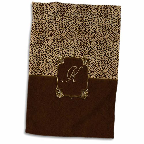 3D Rose Elegant Animal Print in Warm Brown and Gold Monogram Letter K Hand/Sports Towel, 15 x 22