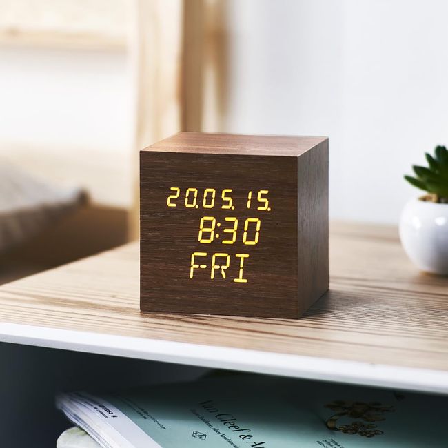 Iris Ohyama ICW-02W-T Alarm Clock, Digital, Brightness Adjustment, Temperature and Humidity Display, Table Clock, Power Saving Mode, Wood Grain Design, Cube, Brown