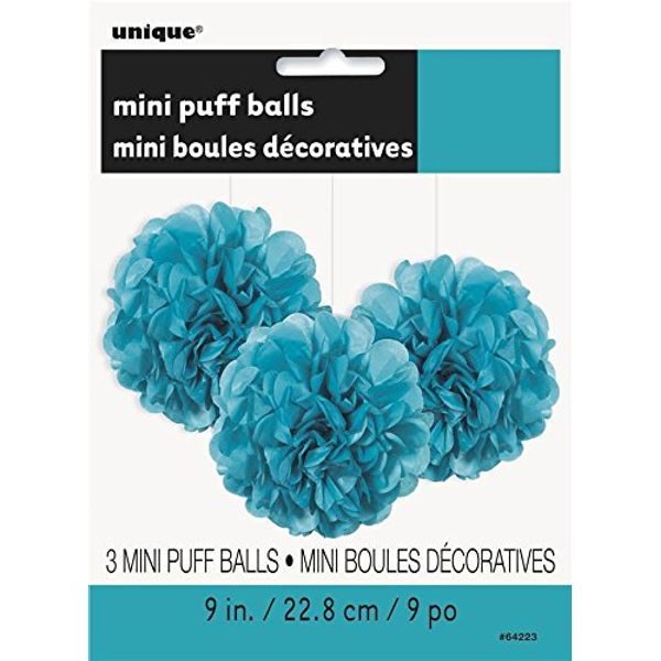 Unique Party Caribbean Teal 9 Inch Hanging Paper Puff Decorations (3 Pack)