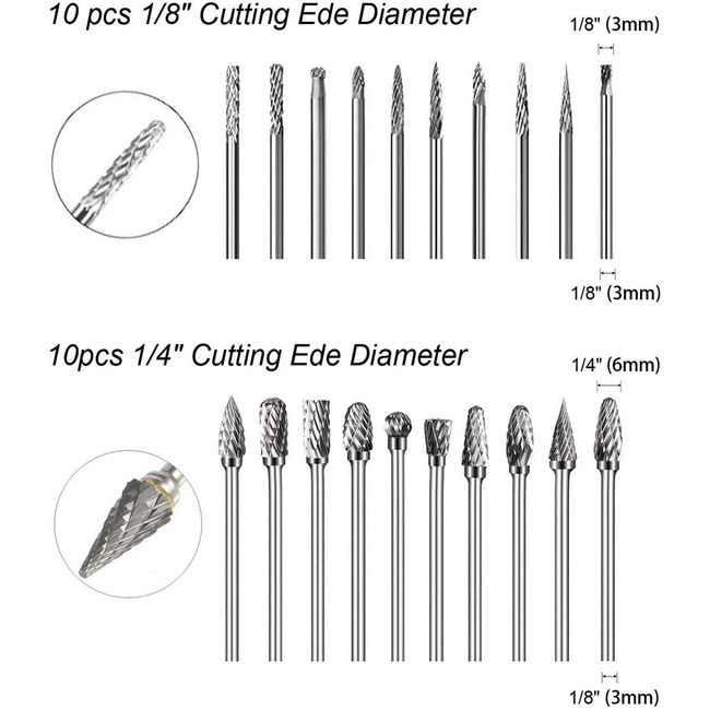 Wood Carving Bits Engraving Router Bit, 20pcs HSS Different Rotary Burr Set  with 1/8(3mm) Shank for Rotary Tools for DIY Woodworking, Carving