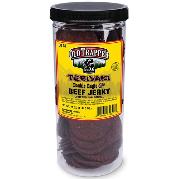 Old Trapper Double Eagle Beef Jerky, Teriyaki Flavor, 21oz. 80-Piece Jar, Natural Wood Smoked Meat Snacks, 10 Grams of Protein and 80 Calories per Serving (Pack of One)