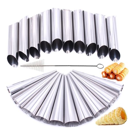 Stainless Steel Cream Horn Molds - 21 Pcs, Cannoli Form Tubes, Croissant Baking Molds with Cleaning Brush
