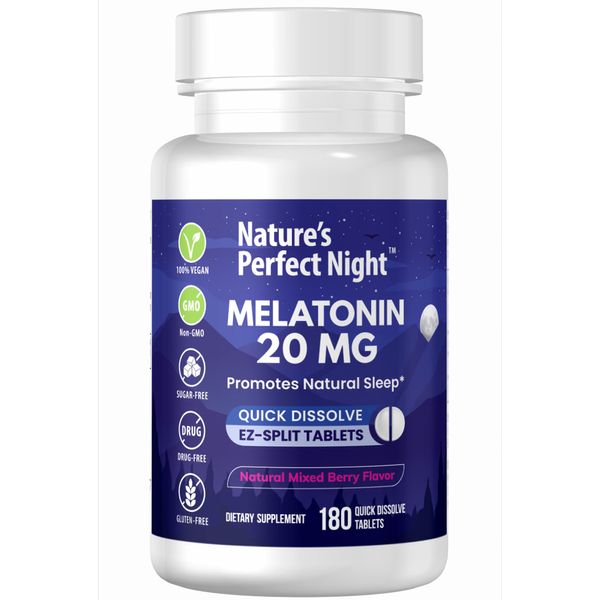 Nature's Perfect Night | Melatonin 20mg | 180 Quick Dissolve Tablets | Natural Mixed Berry Flavor |High Potency | Sugar Free | Vegan | Gluten Free | Value Size