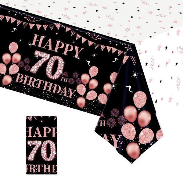 137*274cm Black Rose Gold 70th Birthday Table Cloth for Women,Happy 70th Birthday Table Decorations Plastic Tablecloths Disposable Tablecover for Woman,Ladies,Her 70th Birthday Gifts Party Decoration