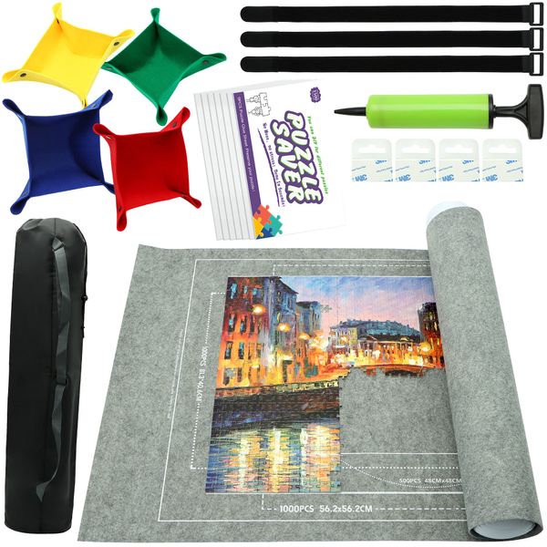 Portable Puzzle Mat Roll Up - with 9 Glue Sheets, Sorting Trays, Hand Pump, Inflatable Tube, and Storage Bag - Perfect for Kids and Adults (Gray, 1500pcs)