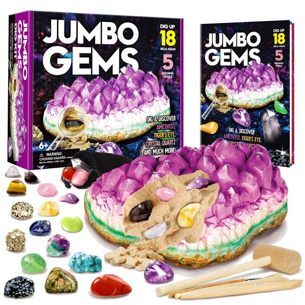 XXTOYS Gemstone Dig Kit - Dig Up 18 Real Gemstones and Crystals - Science Kits for Kids, STEM Toys for Age 6-8, Great Educational Geology Gifts for Boys & Girls Ages 5-7