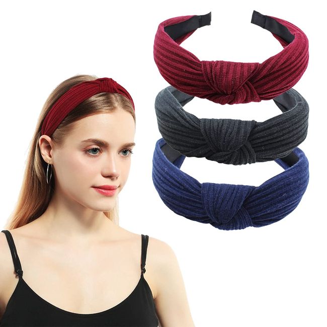 scicent Black Knot Headband 3 Pack Wide Plain Hairbands Fashion Turban Elastic Hair Band Hair Accessories for Women (Navy,Black,Dark Red) - 01