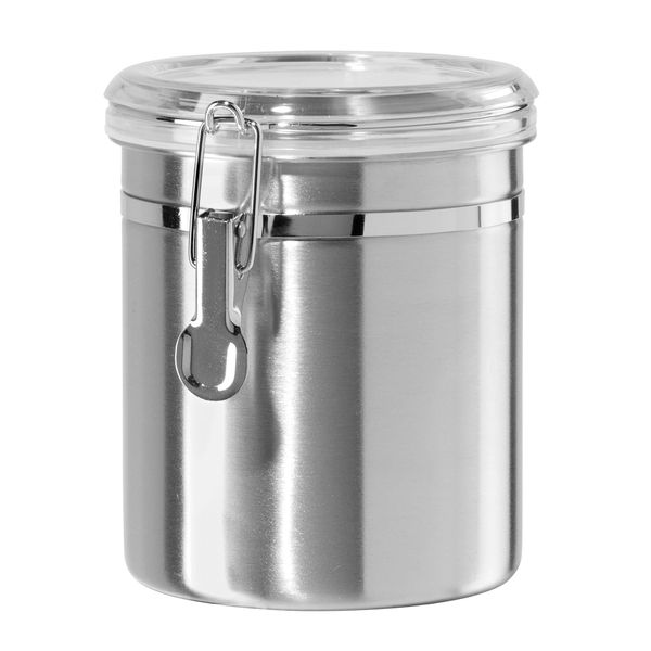 OGGI Stainless Steel Kitchen Canister 52 fl oz - Airtight Clamp Lid, Clear See-Thru Top - Ideal for Kitchen Storage, Food Storage, Pantry Storage. Large Size 5" x 6".