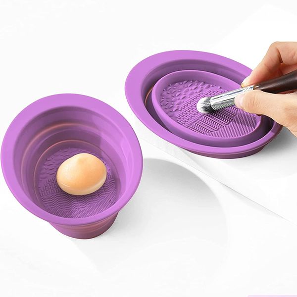 Makeup Brush Washing Bowl, Makeup Brush Cleaner, Makeup Brush Cleaning Pad, Foldable, 2 in 1 Function, Water Wash, Soft Silicone Material, Purple, 1 Piece